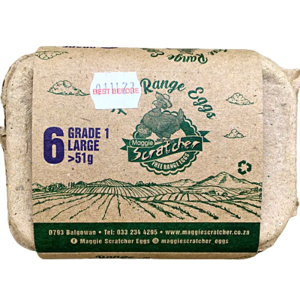 6 Free Range Grade 1 Large Eggs 51G Maggie Scratcher
